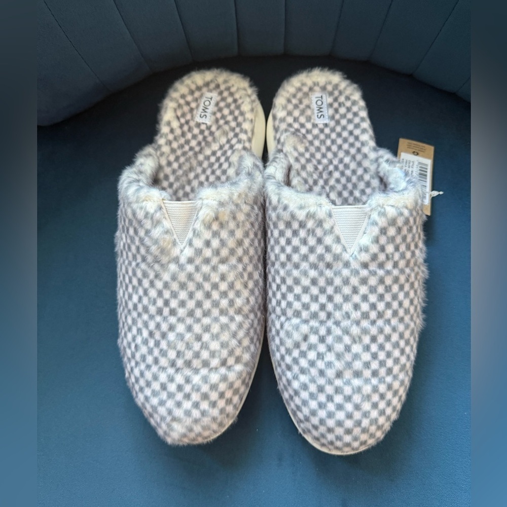 TOMS Gray Gingham Check Mallow Mule Slippers Size 9.5 NWT